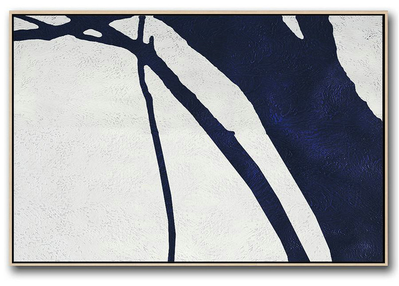 Modern Abstract Wall Art,Horizontal Abstract Painting Navy Blue Minimalist Painting On Canvas,Large Abstract Wall Art